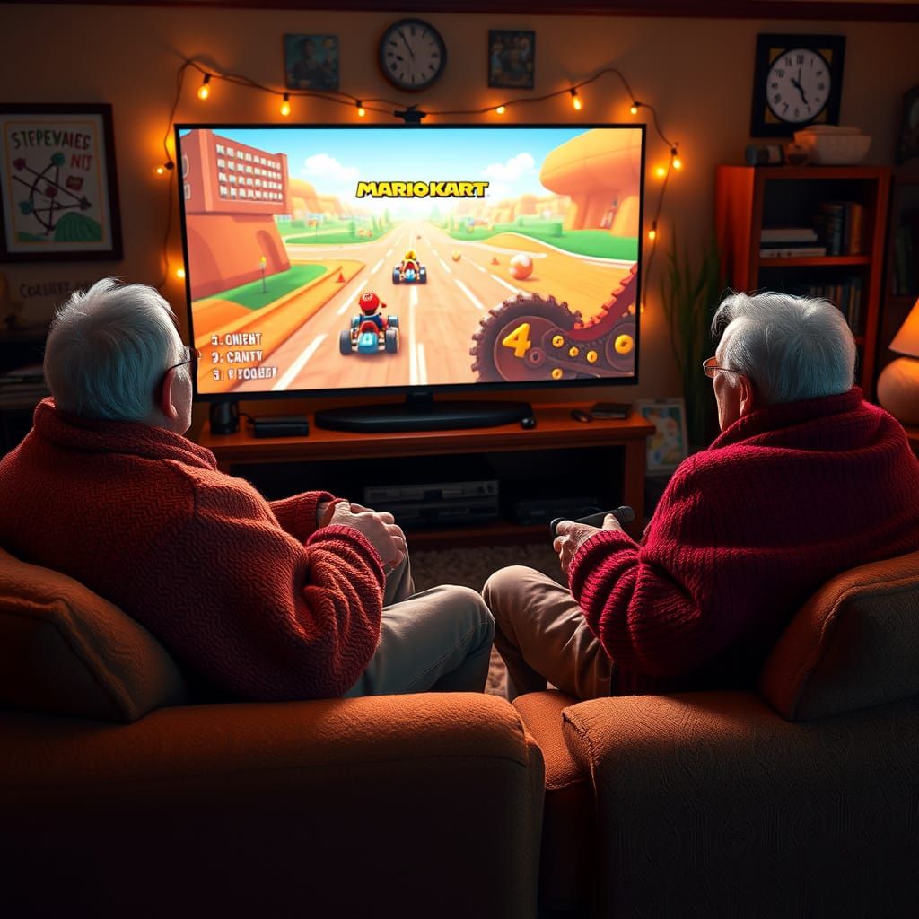 Grandparents' Intense Mario Kart Game, Digital Art