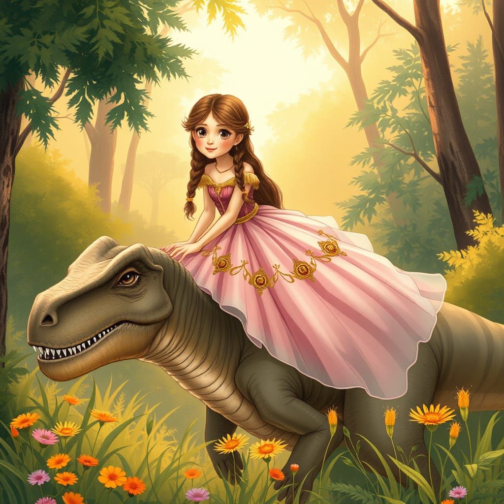 Fairy Tale Princess Rides Majestically on Gentle Dinosaur