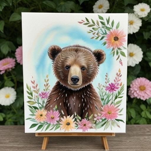 Brown Bear Cub Cuddles Mother: Watercolour Art