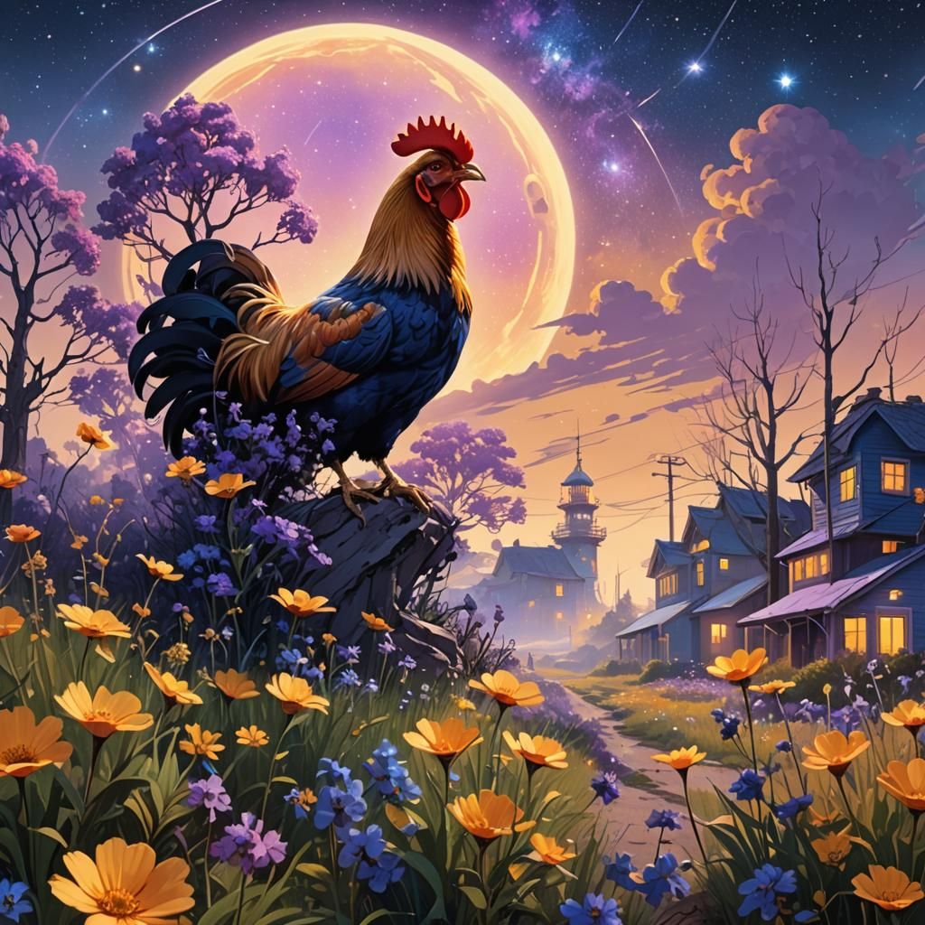 Chicken Gardener Pruning Star-Flowers in Dreamy Landscape