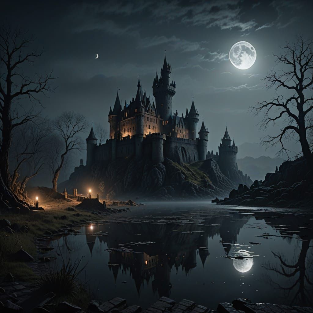 Cinematic Castle Ruin at Full Moon, Flickering Torches and M...