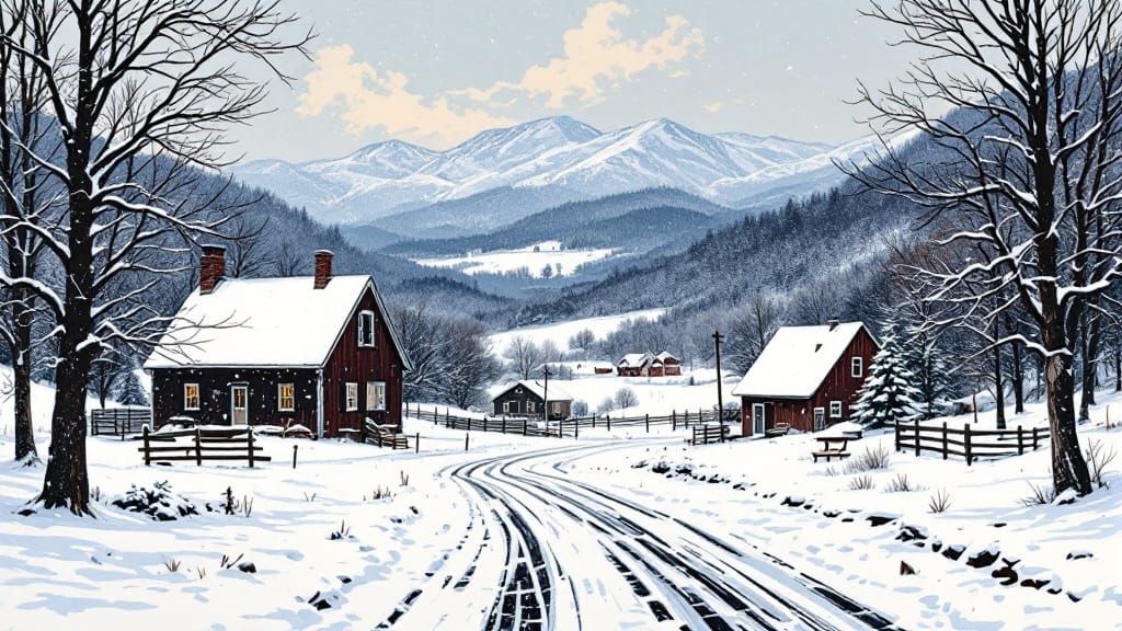 Woodcut Print: Snowy Day in Vermont