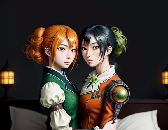 Steampunk Twin Sisters Kiss in Manga Anime Style