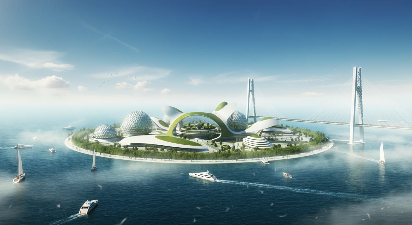 Futuristic Eco-City Island Oasis in Azure Ocean