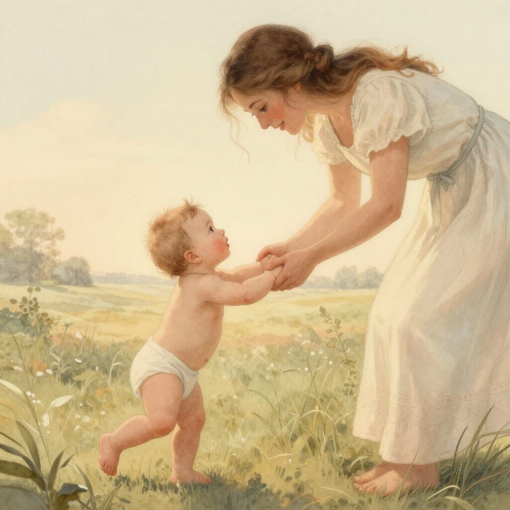 Baby's First Steps Into Mother's Embrace Fairytale Illustrat...