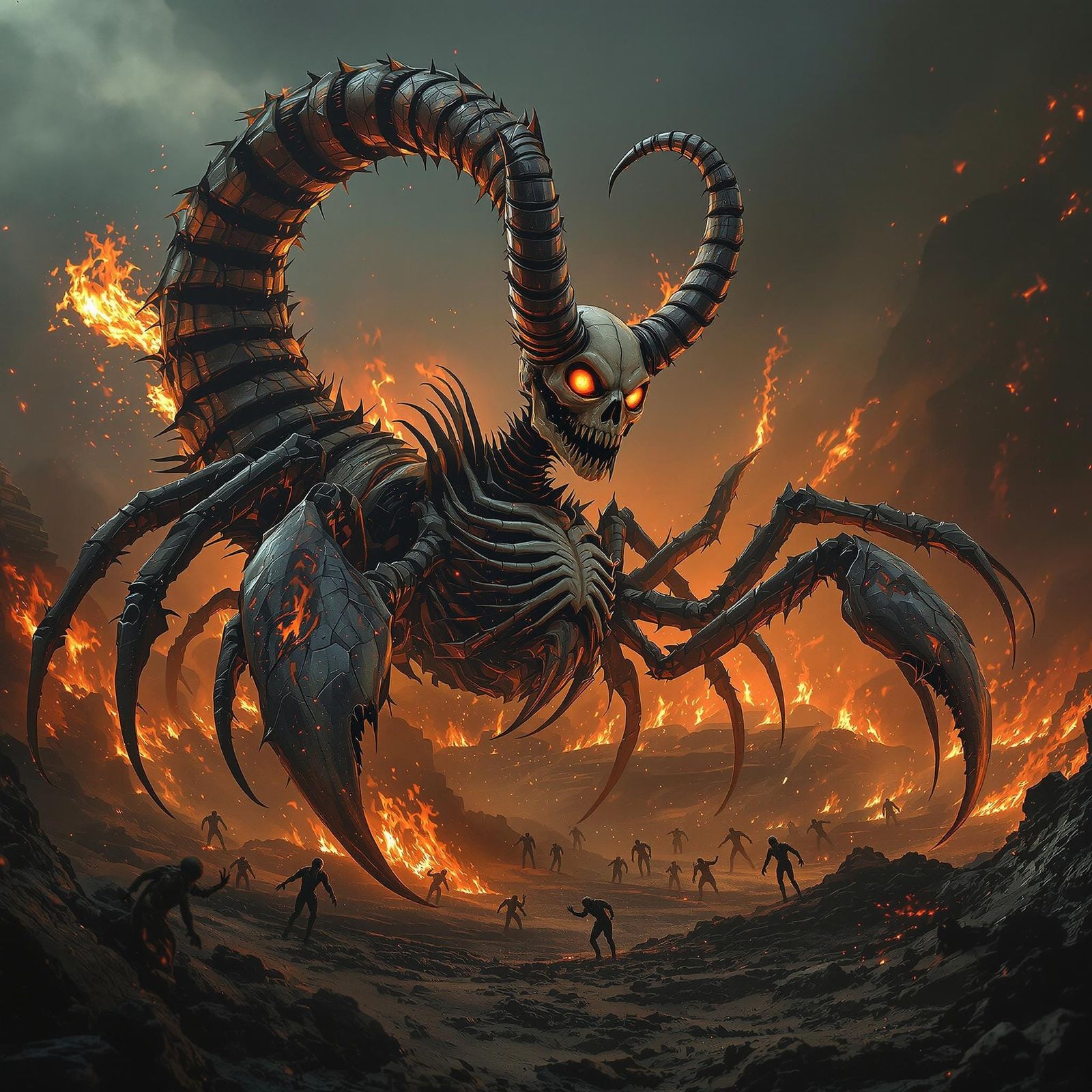 Giant Skeletal Scorpion Humanoid in Burning Aztec City