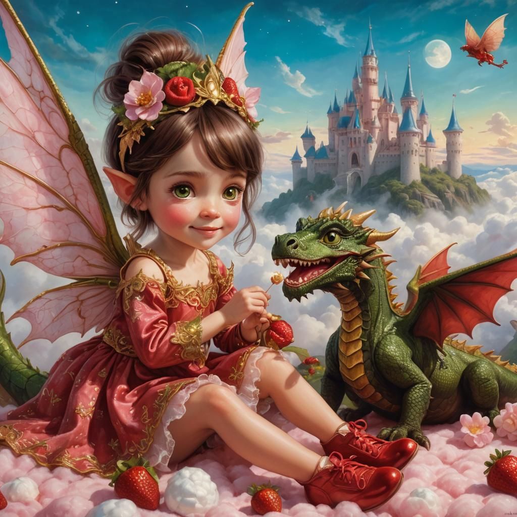 Pixie Feeds Chocolate Dragon in Hyperrealistic Fantasy