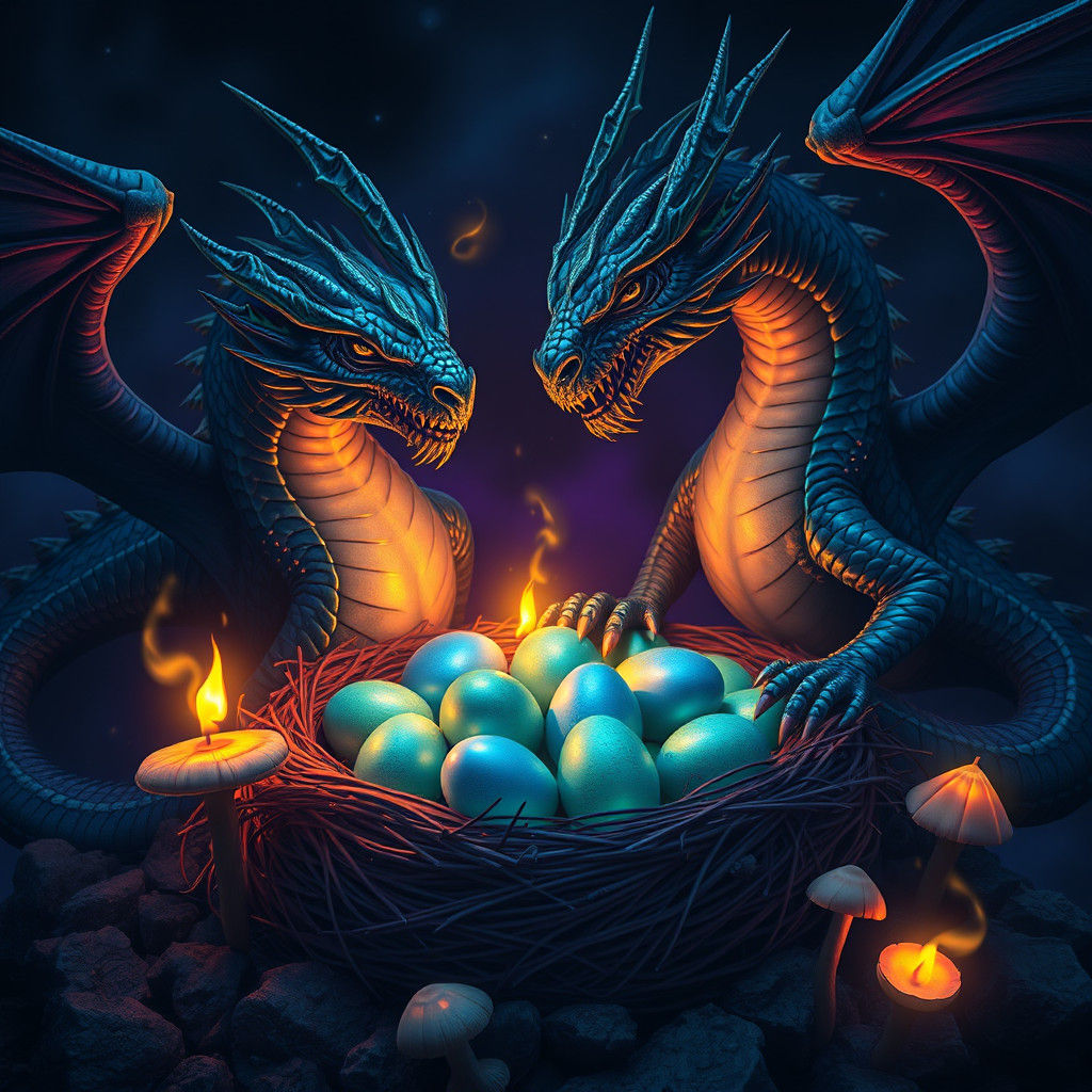 Dragons Guarding Nest with Eggs in Mystical Setting