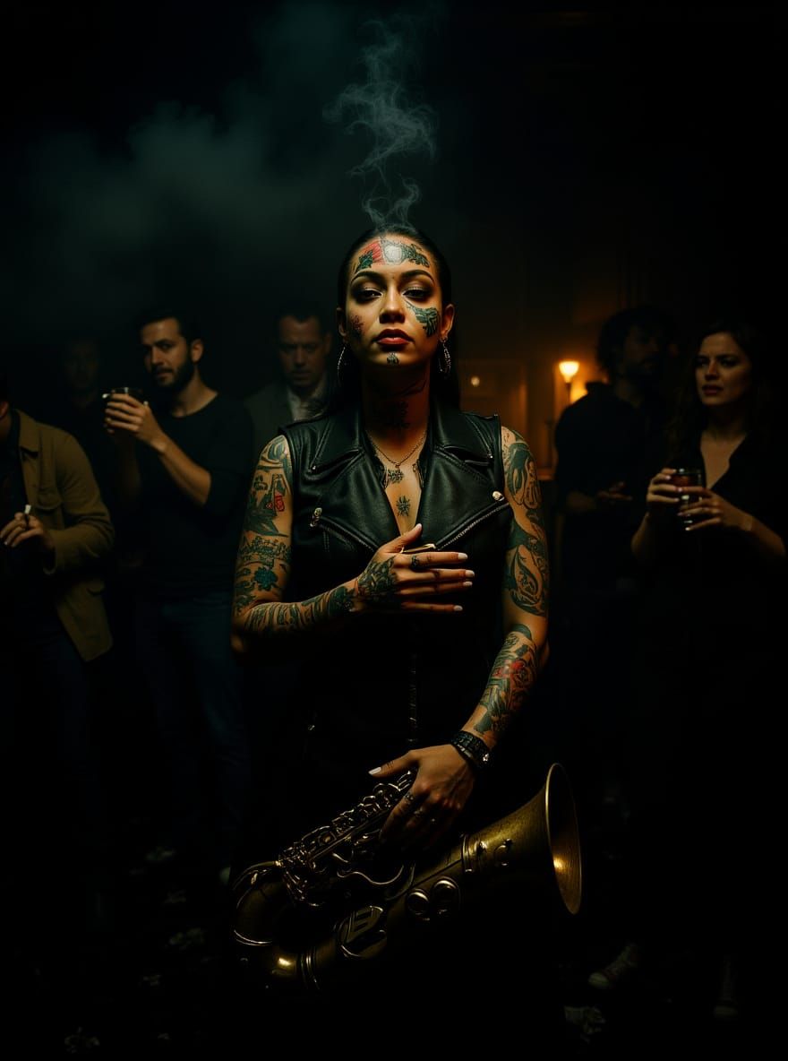 Tattooed Woman with Melting Saxophone in Jazz Club