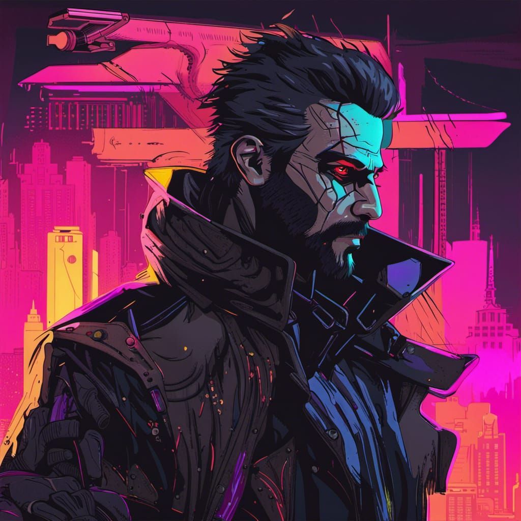 Cyberpunk Vampire Hunter in Neon Cityscape