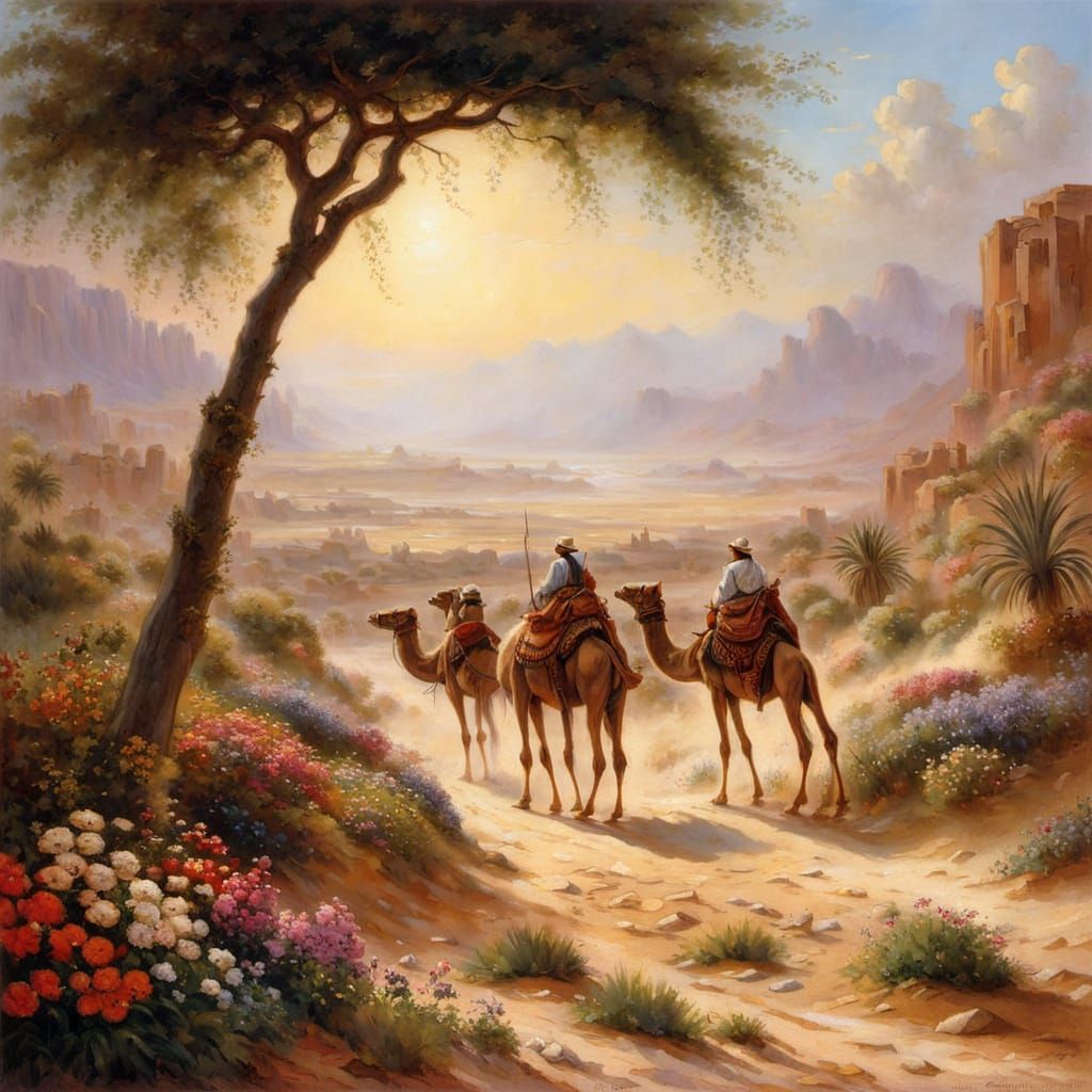 Medieval Camel Caravan in Desert Oasis Oil Painting