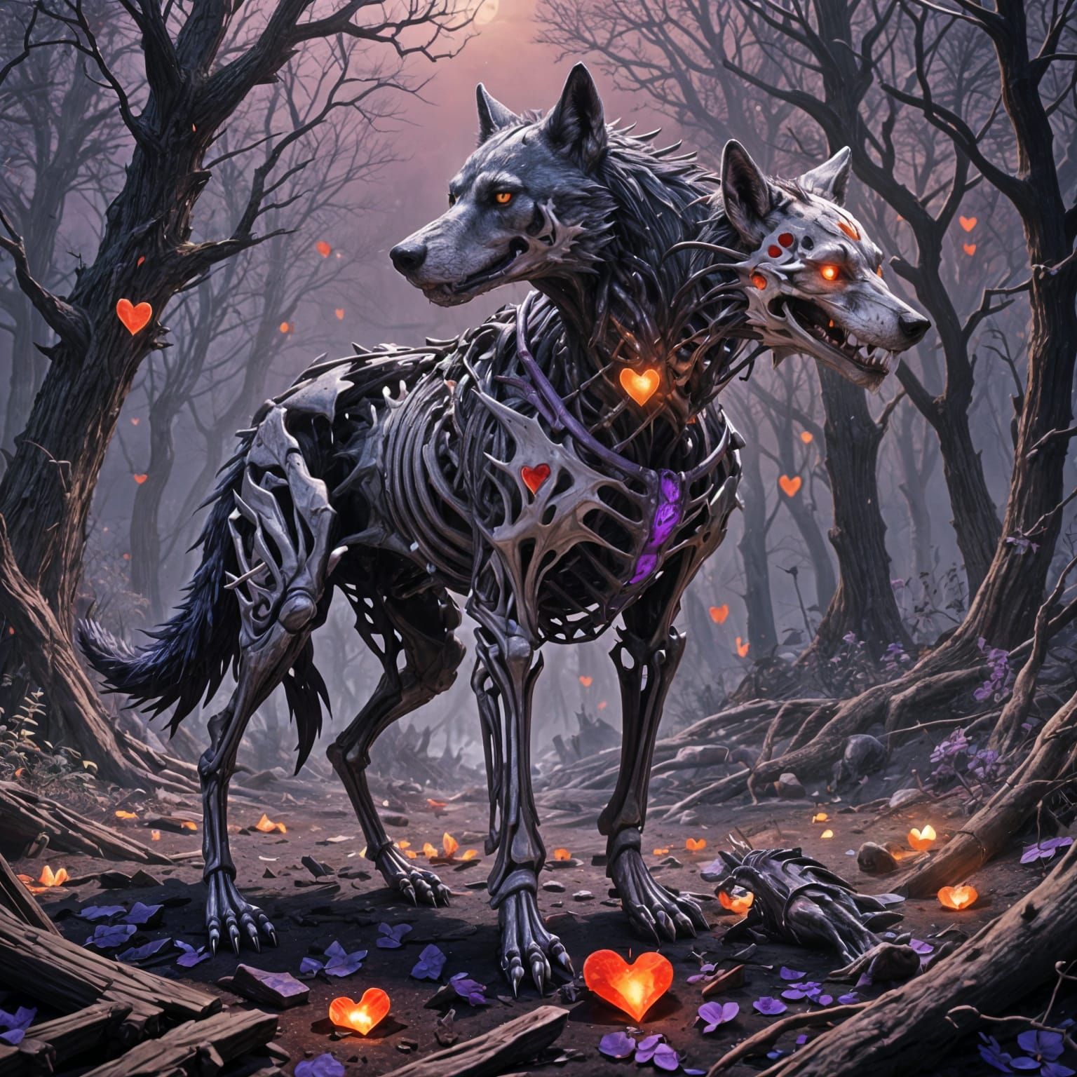 Skeletal Wolf with Heart, Detailed Matte Painting
