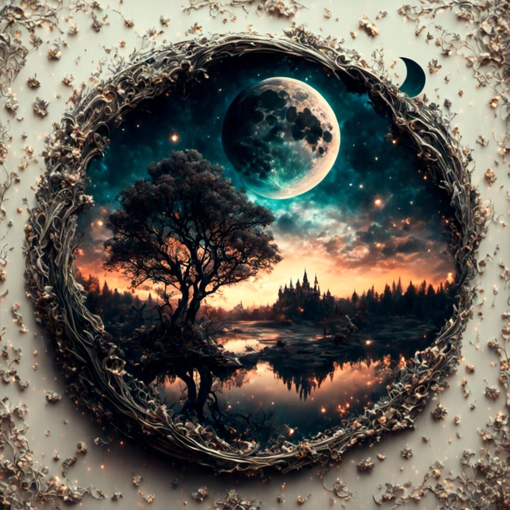 Poet and Moon Silhouette in Hyperrealism