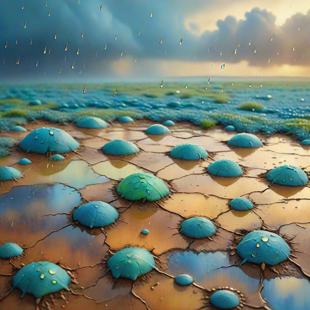 Surreal Macro Oil Painting: Gentle Rain on Earth