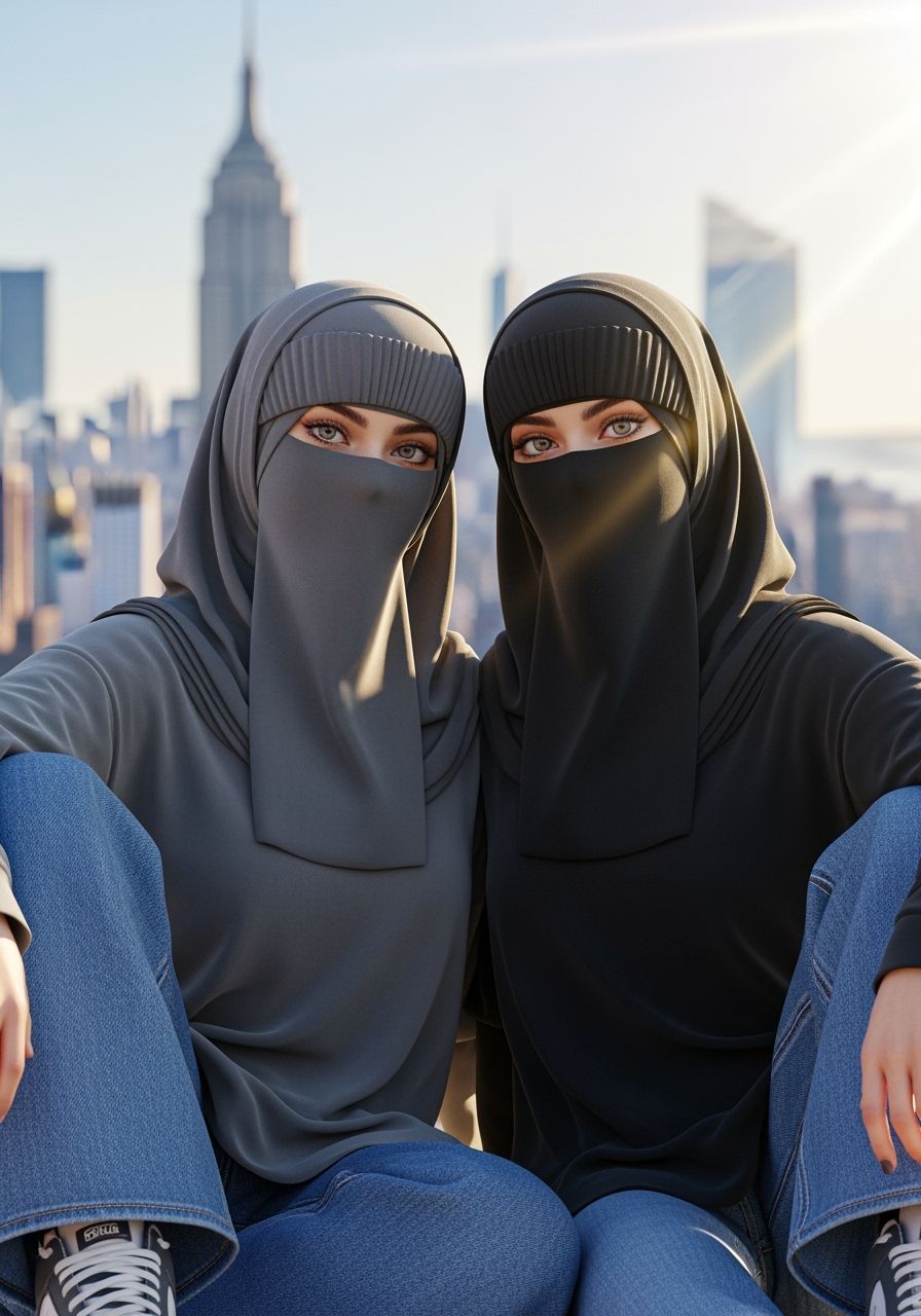 Niqabi Girls in Cityscape: Ultra-Realistic Digital Portrait