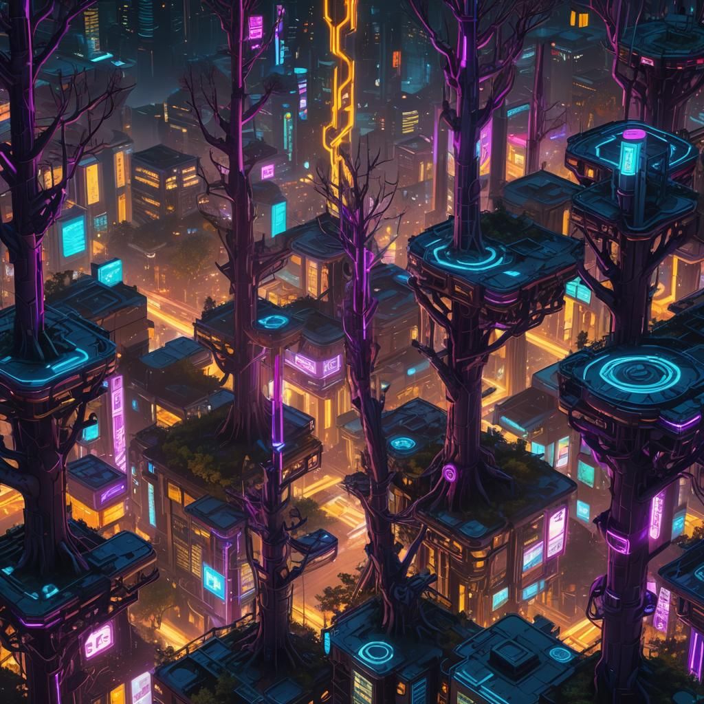 Cyberpunk Forest with Neon Trees and Metallic Cityscape