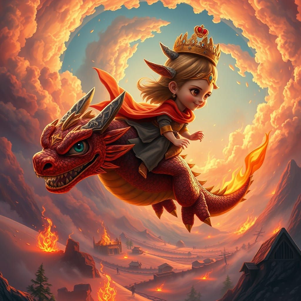 Surreal Cute Fire Princess and Dragon Soar Through a Burning...