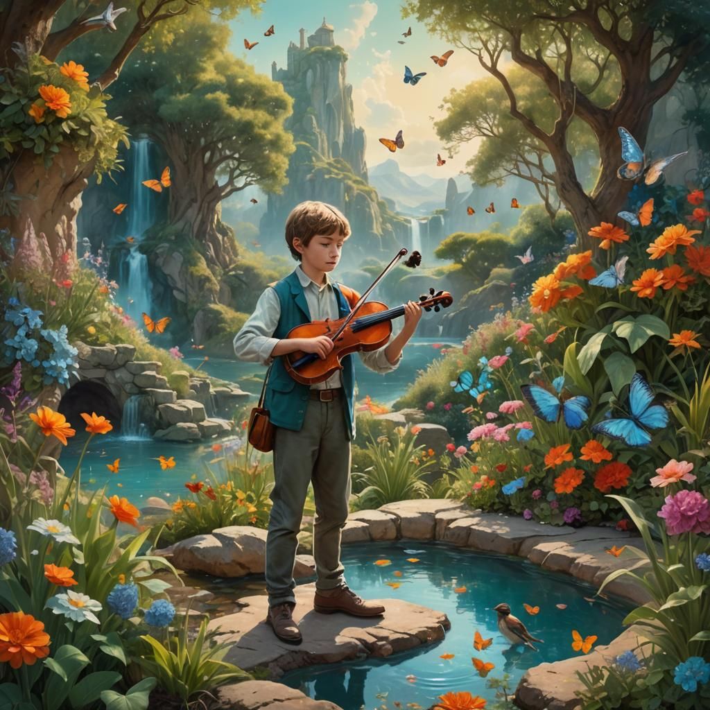 Boy and Twin Violinist in Dreamlike Landscape