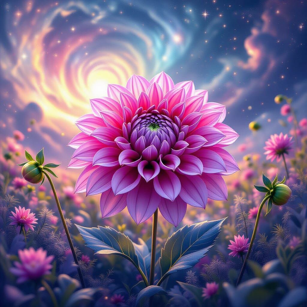 Luminous Pink Dahlia in Cosmic Stardust Field