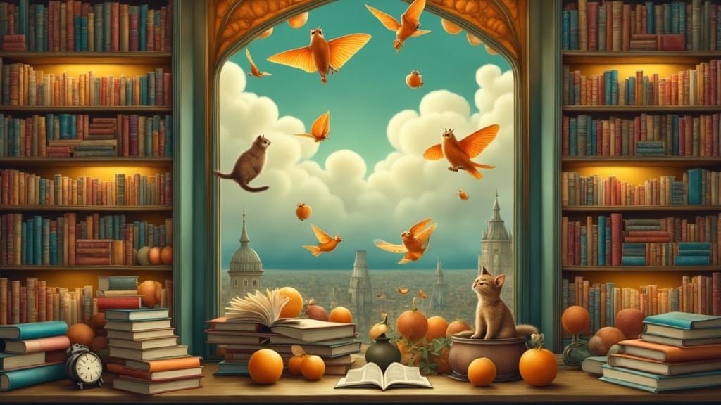 Charming Parisian Bookstore with Cats in Impressionist Style