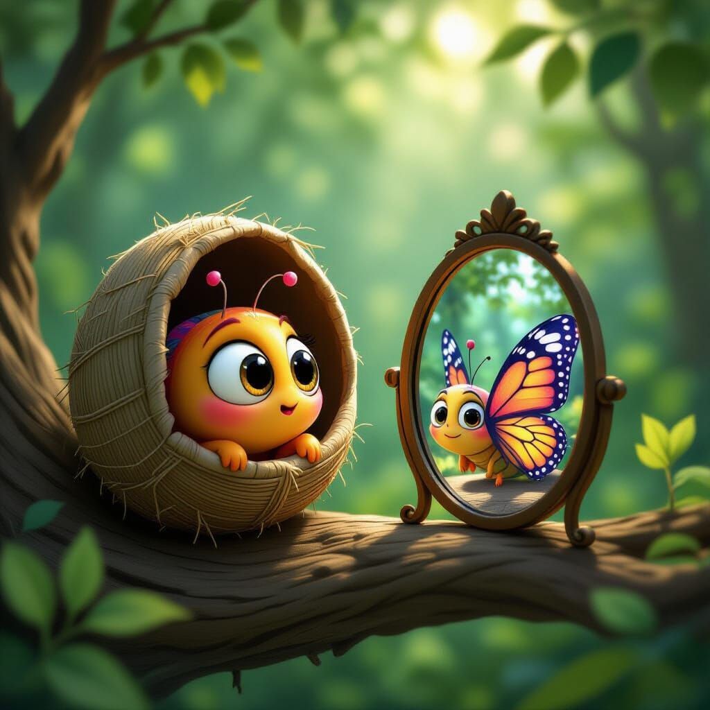 Cartoon Caterpillar's Pixar-Style Butterfly Reflection