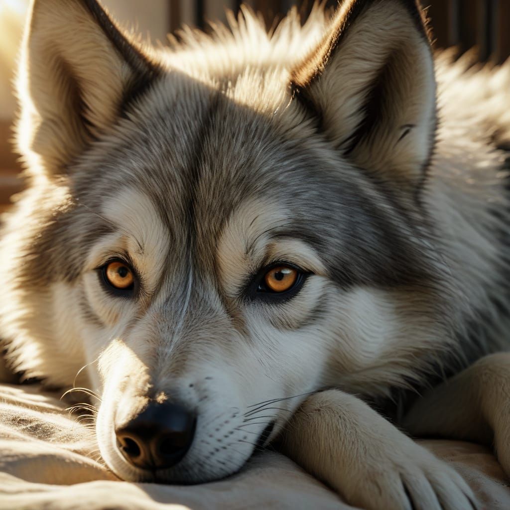 Gentle Wolfdog Cares for Baby in Warm Sunshine
