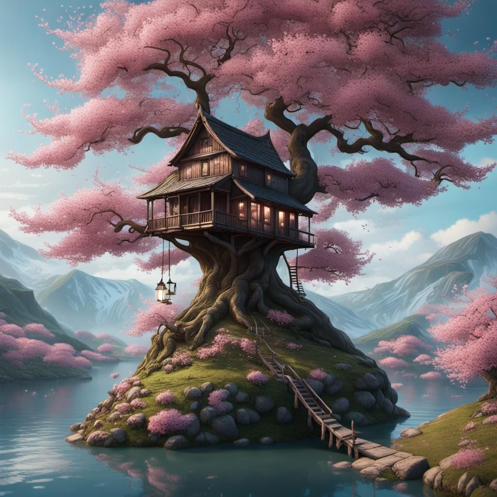 Cherry Blossom Tree with Treehouse, Fantasy Concept Art