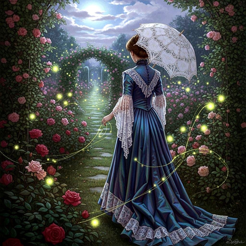 Victorian Lady Strolls Through Moonlit Fantasy Garden