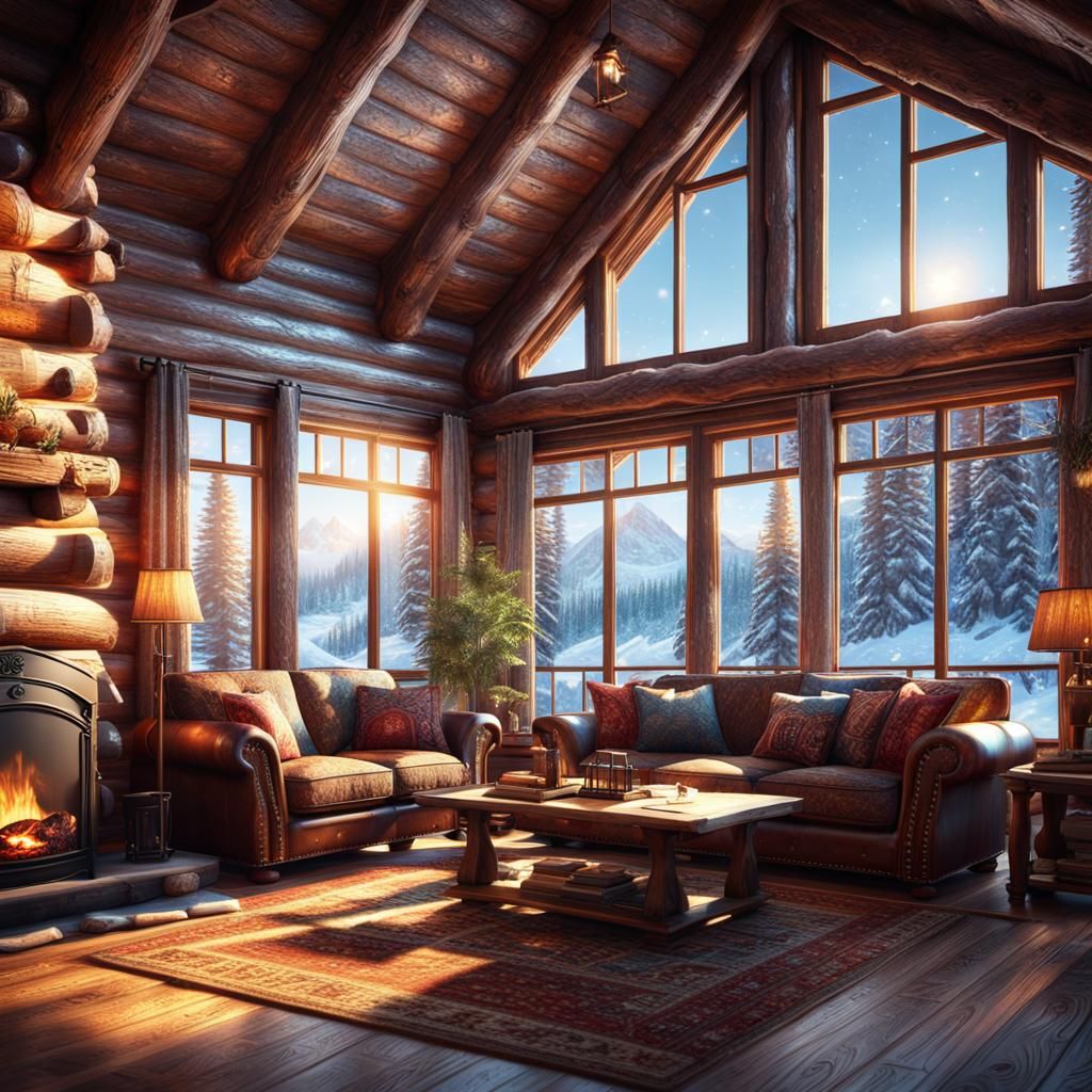 Cozy Cabin Interior with Sunlight, Solarpunk Art