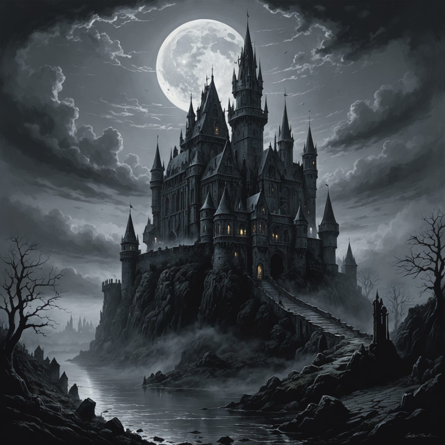 Fog-Shrouded Gothic Castle in Moonlight