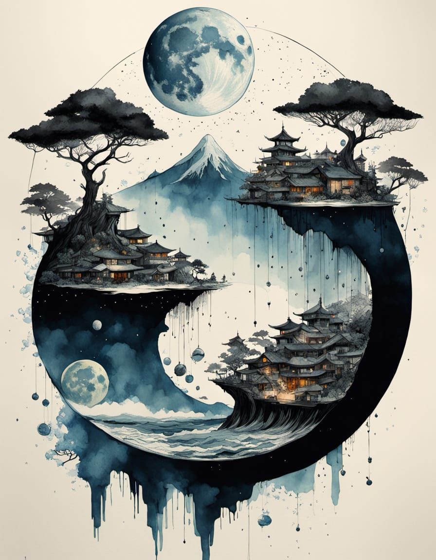 Earth Double Exposure in Sumi-e Ink Style