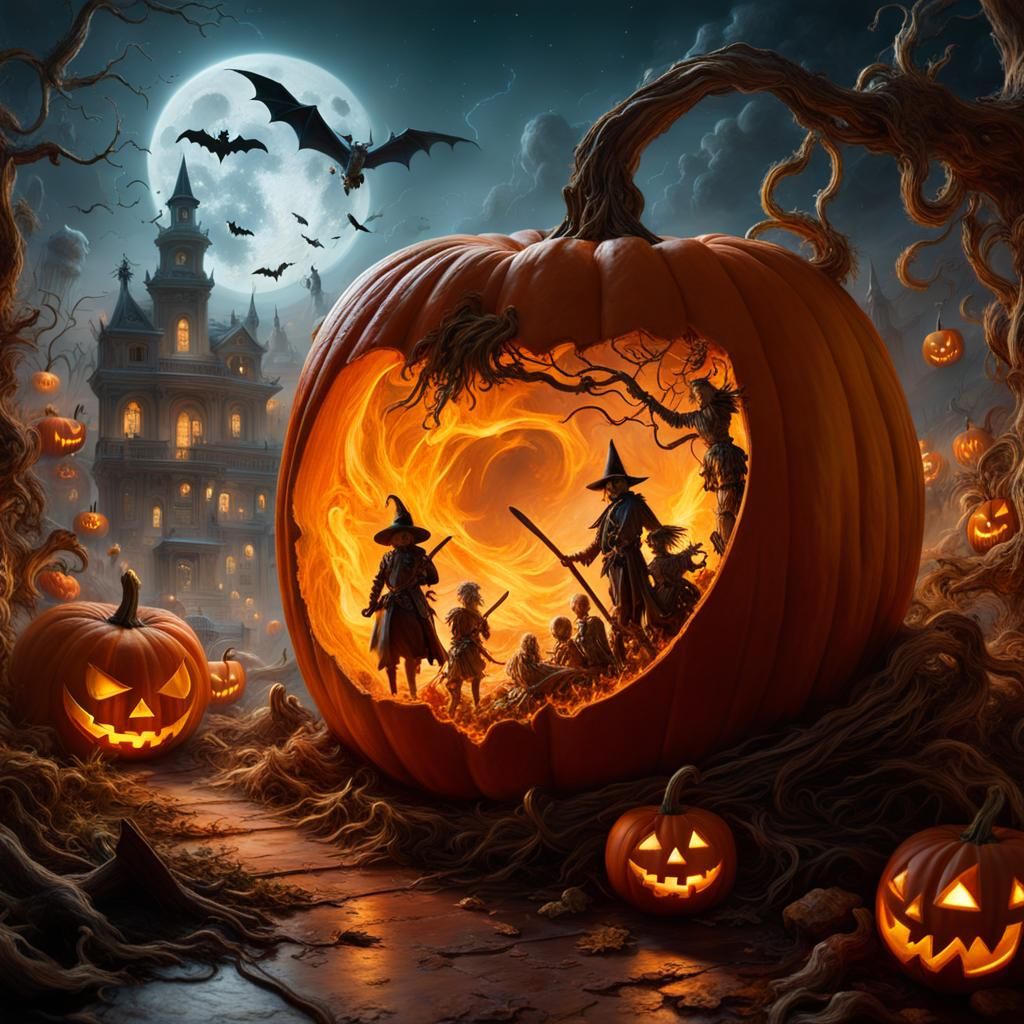 Miniature Halloween World Emerging from Pumpkin