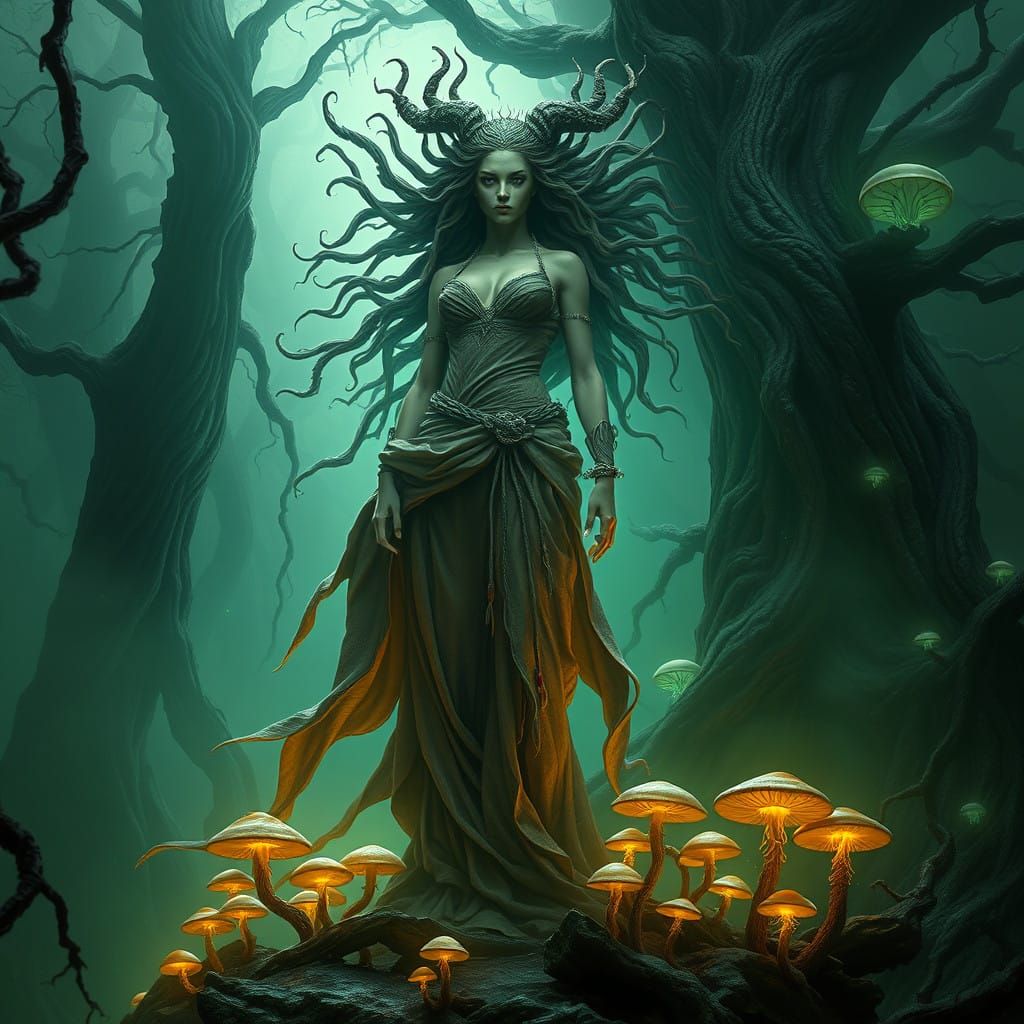Majestic Dark Fantasy Giantess Medusa in Enchanted Forest