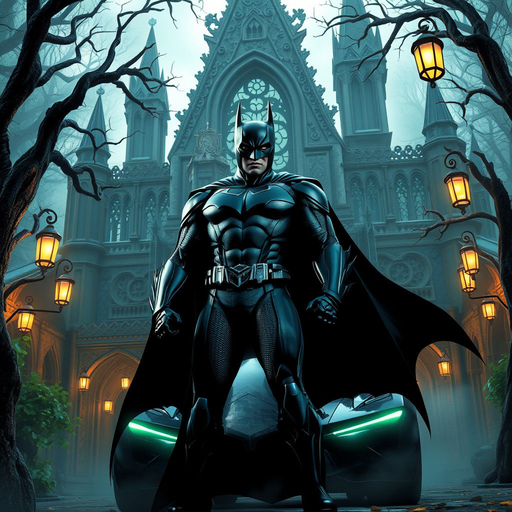 Batman in Gothic Cityscape, Dark Concept Art