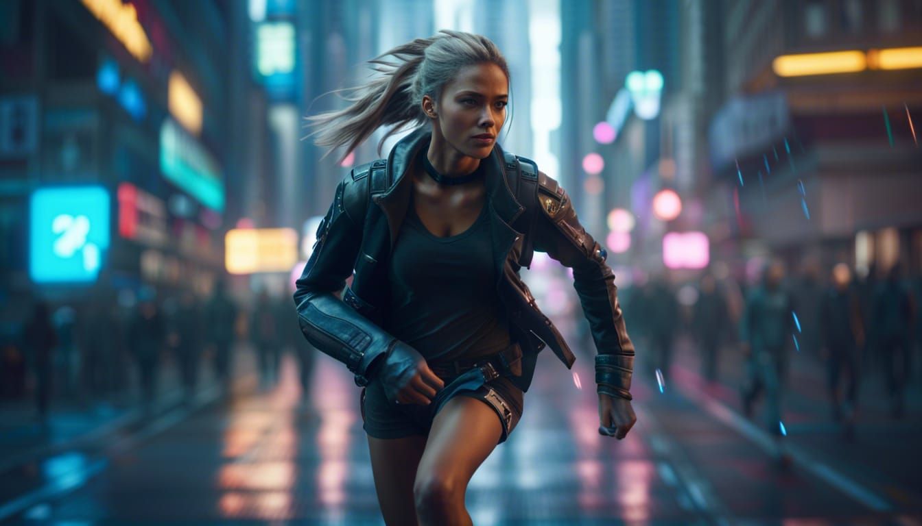 Cyberpunk Woman on the Run in a Detailed Street Scene