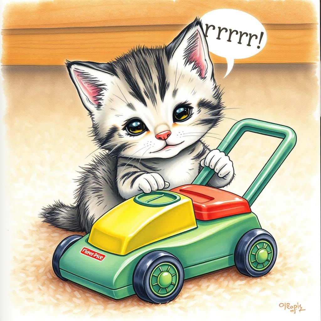 Cute Kitten Plays with Toy Lawnmower