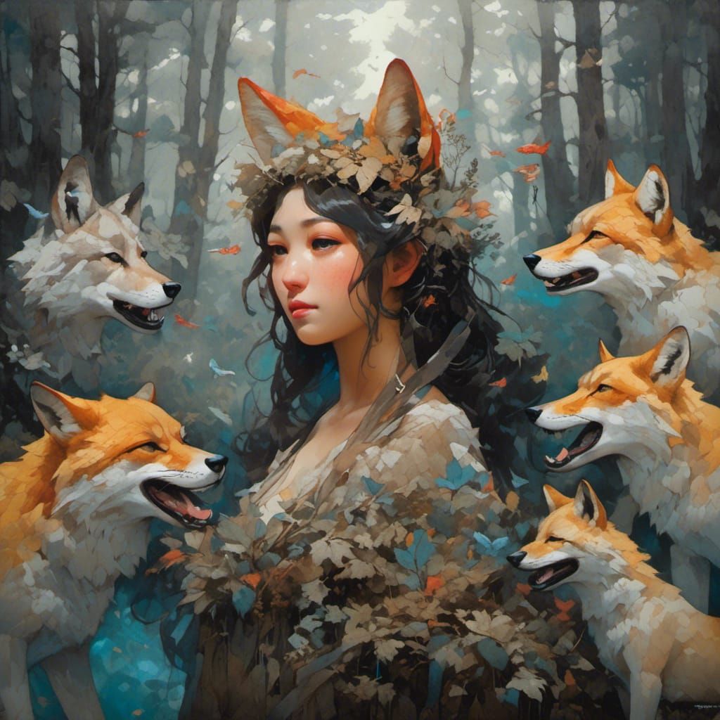 Wolf, Fox, and Weasel Sing in Oil Painting