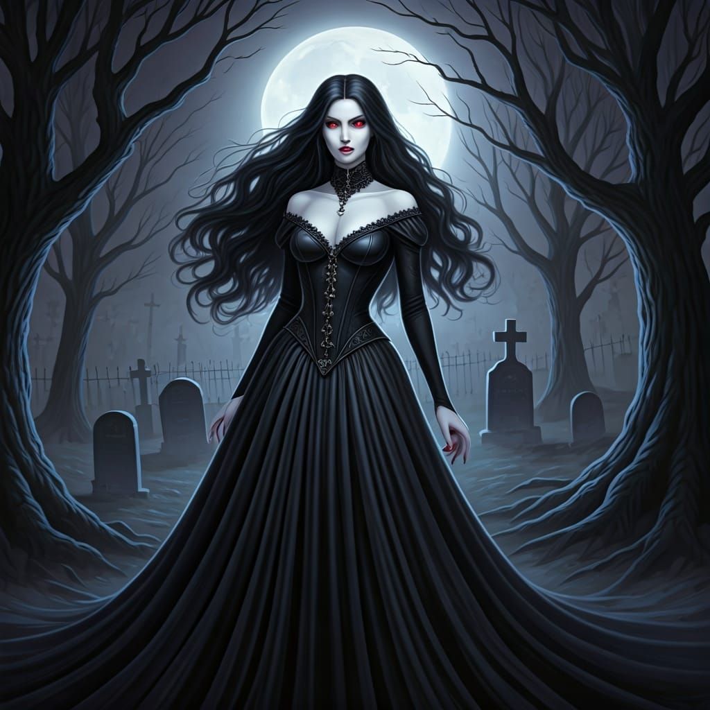 Female Vampire in Moonlit Graveyard: Dark Fantasy Art