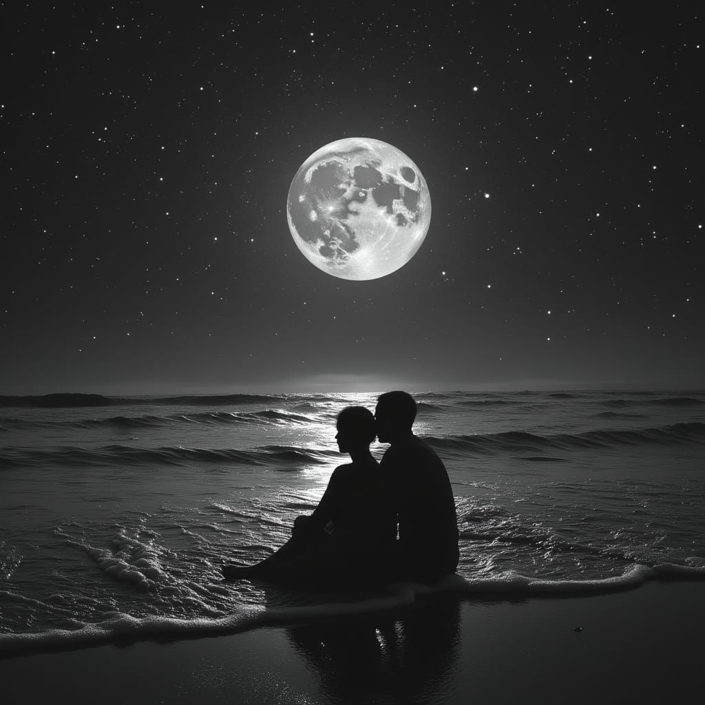 Black and white portrait of a couple on beach under the moon...