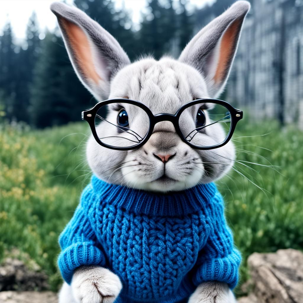 A cute little bunny with glasses, wearing a blue sweater