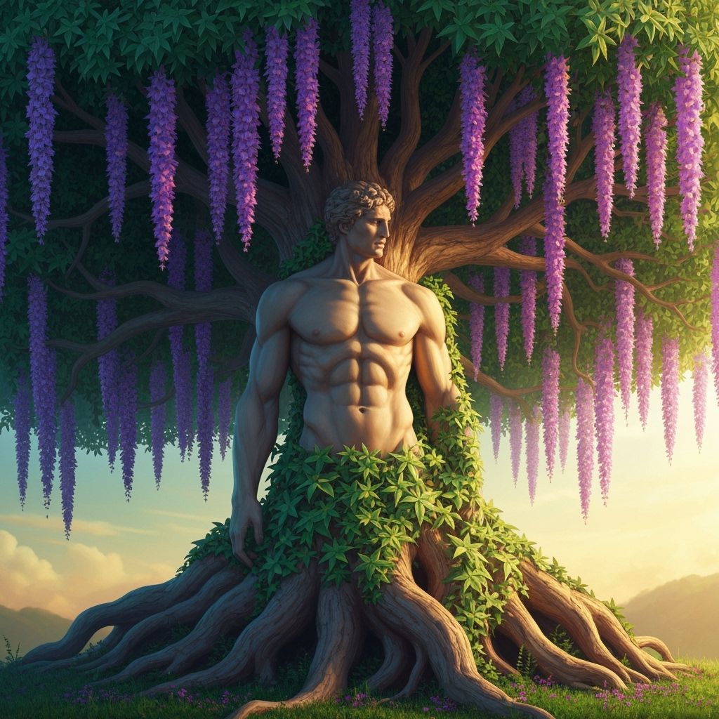 Muscular Man Tree with Purple Flowers and Star Leaves