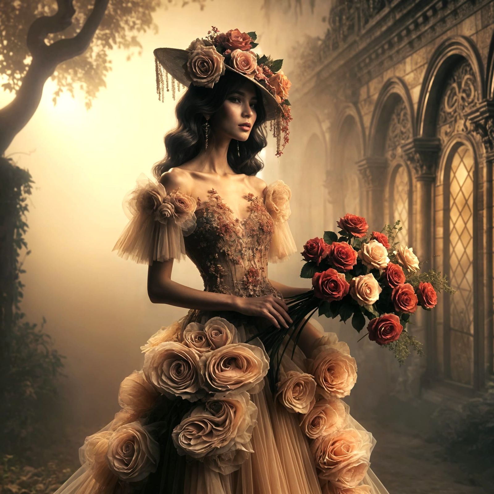 Lady in Rose Petal Gown in Whimsical European Setting