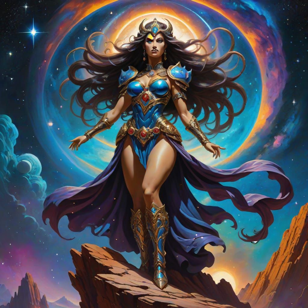 Cosmic Sorceress Overlooking Galaxy, in Fantasy Art Style
