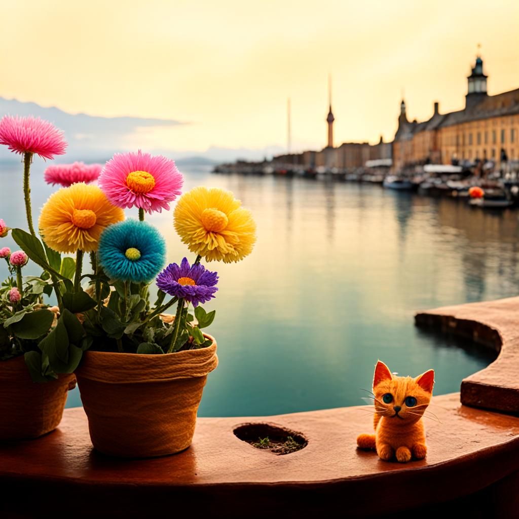 a close up of a flower in a pot on a table, inspired by Geor...