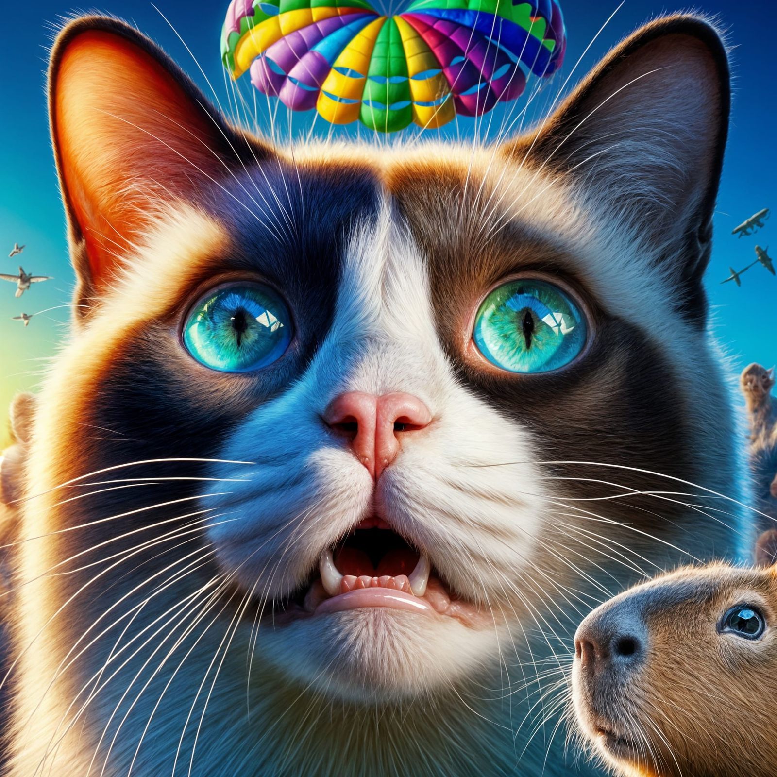 Snowshoe Cat's Parachute Descent in Hyperrealism