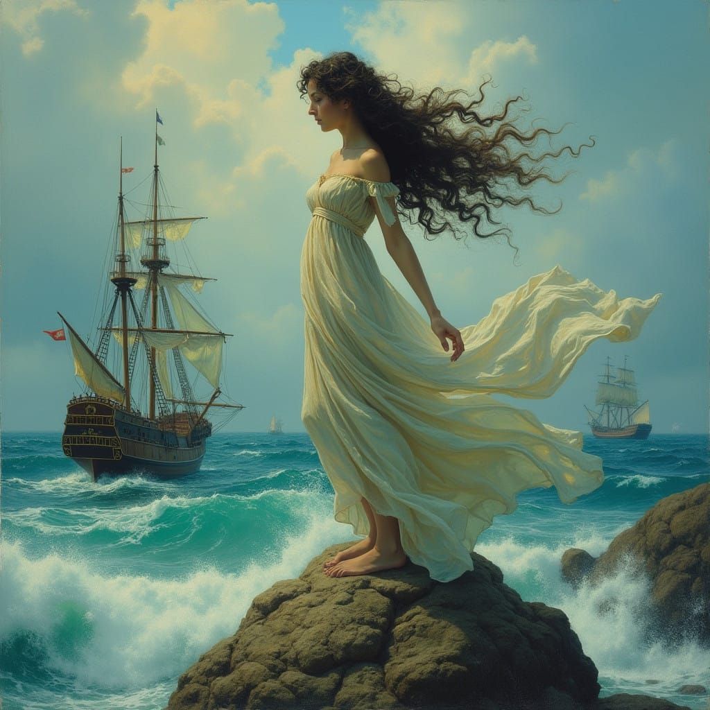 Mystical Siren Emerges from Sea-Frothed Horizons