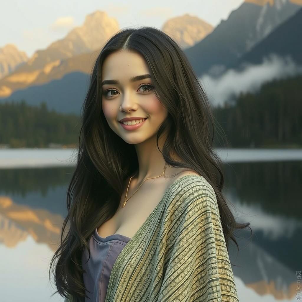 Cyberpunk Woman Portrait with Lake and Mountain View