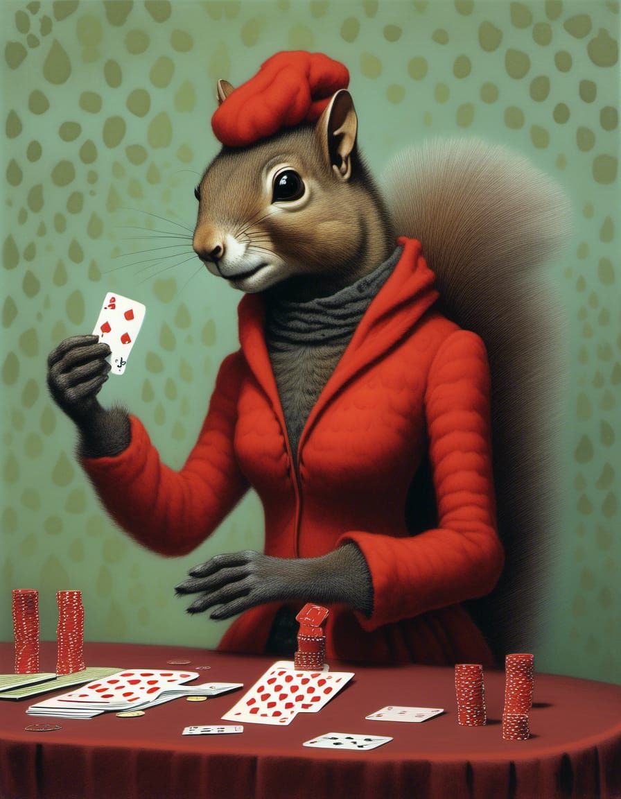Squirrel lady rips off the others at poker.