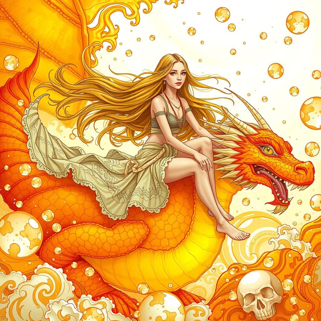 Dreamlike Woman on Gummy Dragon, Art Nouveau Style