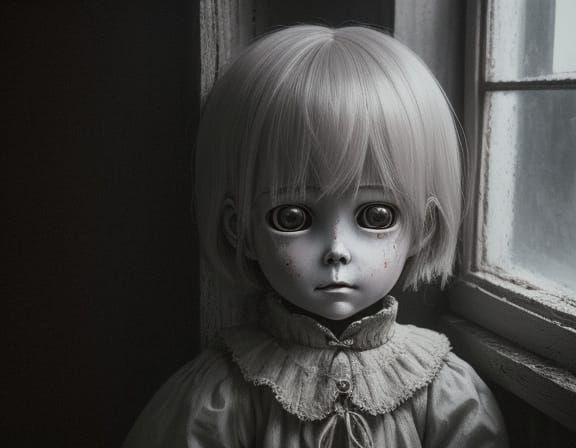 Creepy Doll in Dusty Attic, Child's Drawing Style